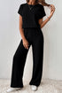 Ribbed Round Neckline Short Sleeve Wide Leg Pocketed Jumpsuit